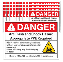 Load image into Gallery viewer, Bulk Case of 25 Sets - 100pcs Arc Flash Danger Warning Stickers, 5" x 3.5" Self Adhesive, Weatherproof Vinyl Electrical Hazard Safety Signs