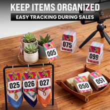 Load image into Gallery viewer, Bulk Case of 75 Sets - Live Plastic Number Tags for Hangers, 001-100 Consecutively Numbered, Mirror Image Number Cards for Live Sales, 3.25" x 2" Cards (Mosaic)