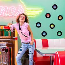 Load image into Gallery viewer, Bulk Case of 120 Sets - Vinyl Record Cutouts 4.5" | Disco Party Decorations, 80s 70s 60s Rock and Roll Party Favors, Groovy Classroom Decor for Music Bulletin Board | 54pcs Cardstock Cut Outs &amp; 54pcs Glue Dot Stickers