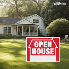 Load image into Gallery viewer, Bulk Case of 12 Sets - 5pk Open House Signs for Real Estate | House For Sale Yard Sign Supplies | Corrugated Plastic with Metal H Frame Stakes, 16" x 12"