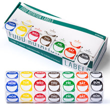 Load image into Gallery viewer, Bulk Case of 40 Sets - Date Stickers for Food - Day of The Week Day Dots Removable Food Labels, 0.75" Date Dot Stickers for Food Containers, 3500 Labels with Dispenser Box