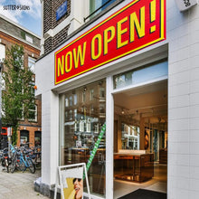 Load image into Gallery viewer, Bulk Case of 100 Signs - Now Open Banner, 3' x 8' Open Sign for Businesses, Shops, Polyester Banner with Grommets, Rope Included for Easy Installation