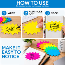Load image into Gallery viewer, Bulk Case of 144 Sets - Starburst Signs with Stickers 100pcs | Price Tags for Garage, Estate, Yard Sales. 50pcs Sign Cards &amp; 50pcs Sticker Dots. Solid Neon 3x5 inch