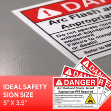 Load image into Gallery viewer, Bulk Case of 250 Sets - 10pcs Arc Flash Danger Warning Stickers, 5" x 3.5" Self Adhesive, Weatherproof Vinyl Electrical Hazard Safety Signs