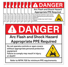 Load image into Gallery viewer, Bulk Case of 250 Sets - 10pcs Arc Flash Danger Warning Stickers, 5" x 3.5" Self Adhesive, Weatherproof Vinyl Electrical Hazard Safety Signs