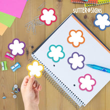 Load image into Gallery viewer, Bulk Case of 100 Sets - Paper Flower Cutouts 108pcs | Cut Out Shapes for Bulletin Board, Classroom, Decorations, Crafts. 3" x 3"