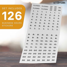 Load image into Gallery viewer, Bulk Case of 125 Sets - Business Hours Sign 2pk | Modern Store Open Time of Operation Sign for Glass Door with Changeable Time Stickers and Adhesive Dots for Adjustable Placement, 7.5&quot; x 11.4&quot;