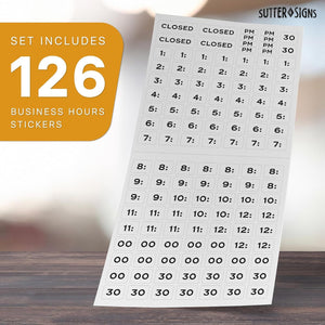 Bulk Case of 250 Sets - Business Hours Sign | Modern Store Open Hours of Operation Sign for Glass Door with Changeable Hours Stickers and Adhesive Dots for Adjustable Placement, 7.5" x 11.4"
