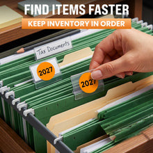 Load image into Gallery viewer, Bulk Case of 50 Rolls - 500pcs 2027 Year Stickers, 2 Inch Fluorescent Orange Color Coded Year, Labels, Warehouse Inventory Organization Stickers