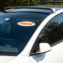 Load image into Gallery viewer, Bulk Case of 63 Sets - 2022 Car Model Year Windshield Stickers | 14&quot; x 5.5&quot; Oval Stickers for Car Dealerships, Vehicle Windshields (Pack of 12)