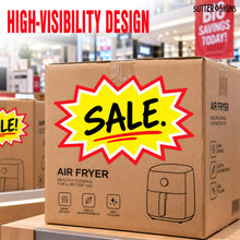 Load image into Gallery viewer, Bulk Case of 50 Sets - Starburst Signs with Stickers 20 ct | Sale Price Tags for Garage Sale, Estate Sale, Yard Sale, Retail Supplies. 20pcs Price Sign Cards &amp; 40pcs Strong Sticker Dots. 8x12 inch (Yellow)