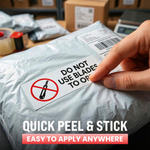 Load image into Gallery viewer, Bulk Case of 100 Sets - 250pcs Do Not Use Blade to Open Stickers 1.5" x 5", Shipping Receiving Labels, Do Not Use Sharp Objects to Open Box