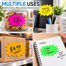 Load image into Gallery viewer, Bulk Case of 150 Sets - Starburst Signs with Stickers 100pcs | Sale Price Tags for Garage Sale, Estate Sale, Yard Sale, Retail Supplies. 50pcs Price Sign Cards &amp; 50pcs Strong Sticker Dots. 2x3 inch (Solid Neon)