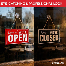 Load image into Gallery viewer, Bulk Case of 125 Sets - Open Closed Sign for Business, 10" x 6" Double Sided Plastic Sign with Twine, Suction Cup Hook, Business Hours (Black/Red)