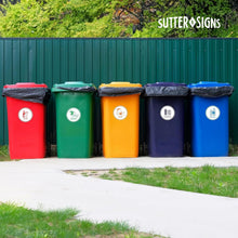 Load image into Gallery viewer, Bulk Case of 250 Sets - Sutter Signs Recycling Stickers for Trash Can, 6" Wide | Paper, Aluminum, Plastic, Glass, Compost