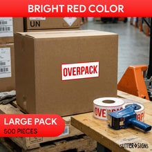 Load image into Gallery viewer, Bulk Case of 20 Rolls - 500pcs Overpack Stickers for Shipping Receiving, 2.5" x 6" Perforated Labels, Strong Permanent Adhesive