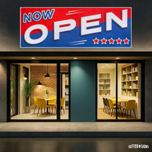 Load image into Gallery viewer, Bulk Case of 100 Signs - Now Open Banner, 3' x 8' Open Sign for Businesses, Shops, Polyester Banner with Grommets, Rope Included for Easy Installation