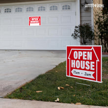 Load image into Gallery viewer, Bulk Case of 12 Sets - 5pk Open House Signs for Real Estate | House For Sale Yard Sign Supplies | Corrugated Plastic with Metal H Frame Stakes, 16" x 12"