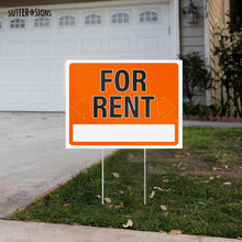 Load image into Gallery viewer, Bulk Case of 37 Sets - 2pk For Rent Signs with Stakes | 17" x 13" Large Corrugated Plastic House For Rent Yard Signs with H-Frame Stakes for Real Estate