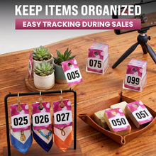 Load image into Gallery viewer, Bulk Case of 75 Sets - Live Plastic Number Tags for Hangers, 001-100 Consecutively Numbered, Mirror Image Number Cards for Live Sales, 3.25" x 2" Cards (Spotlight)
