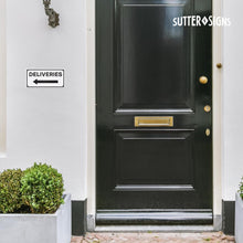 Load image into Gallery viewer, Bulk Case of 100 Signs - Deliveries with Left Arrow Sign, 12" x 6" Aluminum Delivery Sign for Home, Office, Commercial Buildings