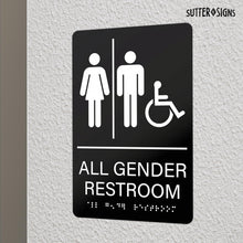 Load image into Gallery viewer, Bulk Case of 100 Sets - All Gender Restroom Sign with Braille 6" x 9", Black/White, Self-Adhesive Plastic Gender Neutral Handicapped Accessible Restroom Sign