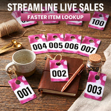 Load image into Gallery viewer, Bulk Case of 75 Sets - Live Plastic Number Tags for Hangers, 001-100 Consecutively Numbered, Mirror Image Number Cards for Live Sales, 3.25" x 2" Cards (Spotlight)