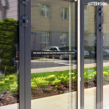 Load image into Gallery viewer, Bulk Case of 150 Sets - This Door To Remain Unlocked When Building Is Occupied Sign Adhesive Decal Sticker 2x26 inches