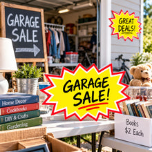 Load image into Gallery viewer, Bulk Case of 50 Sets - Starburst Signs with Stickers 20 ct | Sale Price Tags for Garage Sale, Estate Sale, Yard Sale, Retail Supplies. 20pcs Price Sign Cards &amp; 40pcs Strong Sticker Dots. 8x12 inch (Yellow)