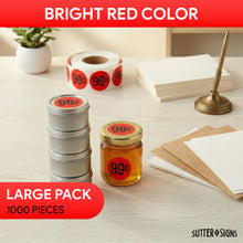 Load image into Gallery viewer, Bulk Case of 50 Rolls - 1000pcs $0.99 Stickers for Discount Promotional Retail, 1.5" Diameter Sticker, Bright Red, Perforated Labels