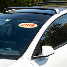 Load image into Gallery viewer, Bulk Case of 100 Sets - 2018 Car Model Year Windshield Stickers | 14" x 5.5" Oval Stickers for Car Dealerships, Vehicle Windshields (Pack of 12)
