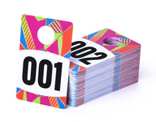 Load image into Gallery viewer, Bulk Case of 75 Sets - Live Plastic Number Tags for Hangers, 001-100 Consecutively Numbered, Mirror Image Number Cards for Live Sales, 3.25" x 2" Cards (Mosaic)