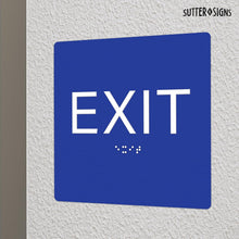 Load image into Gallery viewer, Bulk Case of 100 Signs - Exit Sign with Braille, Blue, Self Adhesive ADA Building Sign, 6" x 6"