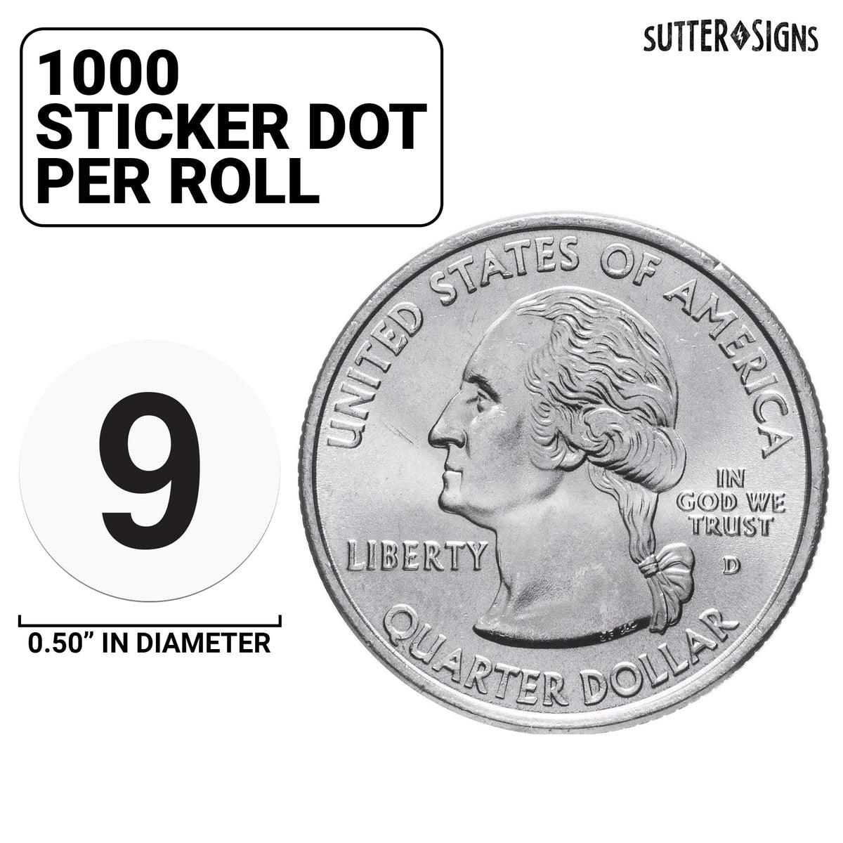 Sutter Sticker Bulk Case of 125 Sets - 1000pcs Number 9 Stickers, 0.5