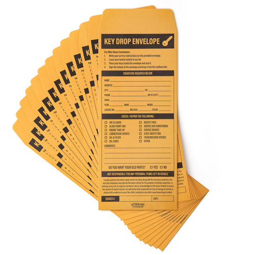 Bulk Case of 30 Sets - Key Drop Envelopes 100 ct | Auto Repair Night Drop Key Envelopes | Automotive Shop Supplies for Car Service Mechanic