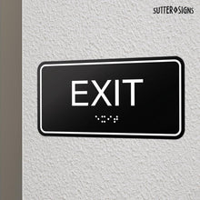 Load image into Gallery viewer, Bulk Case of 100 Signs - Exit Sign with Braille, Black, Self Adhesive ADA Building Sign, 6" x 3"