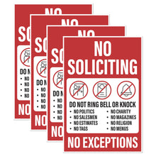 Load image into Gallery viewer, Bulk Case of 250 Sets - 4pk No Soliciting Sticker Sign for House | No Soliciting No Exceptions Detailed Signs for Front Door or Business | Weatherproof Vinyl Decals, 3.75" x 5.5"