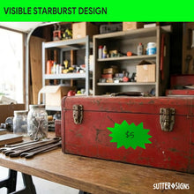 Load image into Gallery viewer, Bulk Case of 50 Sets - Starburst Price Tag Stickers, 3" x 5" Fluorescent Green Starburst Signs, Removable Adhesive, 250pcs