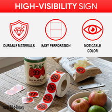 Load image into Gallery viewer, Bulk Case of 50 Rolls - 1000pcs $0.99 Stickers for Discount Promotional Retail, 1.5" Diameter Sticker, Bright Red, Perforated Labels