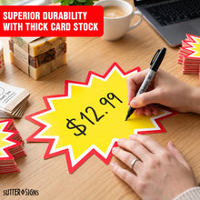 Load image into Gallery viewer, Bulk Case of 50 Sets - Starburst Signs with Stickers 20 ct | Sale Price Tags for Garage Sale, Estate Sale, Yard Sale, Retail Supplies. 20pcs Price Sign Cards &amp; 40pcs Strong Sticker Dots. 8x12 inch (Yellow)