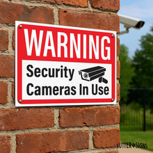Load image into Gallery viewer, Bulk Case of 63 Sets - Security Cameras in Use Sign, Plastic Video Surveillance Warning Signs, 10" x 14" with Mounting Holes (Pack of 4)