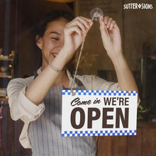 Load image into Gallery viewer, Bulk Case of 100 Sets - Open Closed Sign for Business, 10" x 6" Double Sided Plastic Sign with Twine, Suction Cup Hook, Business Hours (Blue Checker)