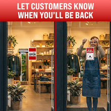 Load image into Gallery viewer, Bulk Case of 167 Sets - Will Return Sign with Adjustable Clock, 9.25" x 5.75" Two Sided Plastic Sign with Twine and Suction Cup Hook, Business Hours Open Closed