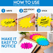 Load image into Gallery viewer, Bulk Case of 96 Sets - Starburst Signs with Stickers 100pcs | Sale Price Tags for Garage Sale, Estate Sale, Yard Sale, Retail Supplies. 50pcs Price Sign Cards &amp; 50pcs Strong Sticker Dots. 4x6 inch (Solid Neon)