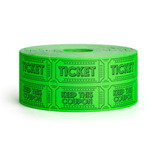 Load image into Gallery viewer, Bulk Case of 40 Rolls  - 1000 Raffle Tickets Double Roll | Tickets for Events, Drinks, 50/50, Carnival, Classroom (Fluorescent Green)