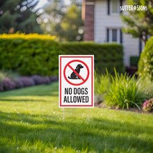 Load image into Gallery viewer, Bulk Case of 50 Sets - No Dogs Allowed Yard Signs with H-Frame Stakes, 8" x 12" Corrugated Plastic No Dogs Allowed Signs (Pack of 3)