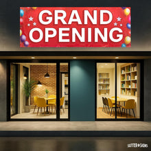 Load image into Gallery viewer, Bulk Case of 100 Signs - Grand Opening Banner, 3' x 8' Now Open Sign for Business, Shop, Polyester Banner with Grommets, Rope Included for Easy Installation