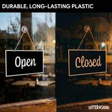 Load image into Gallery viewer, Bulk Case of 125 Sets - Open Closed Sign for Business, 10" x 6" Double Sided Plastic Sign with Twine, Suction Cup Hook, Business Hours (Black/White)