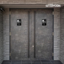 Load image into Gallery viewer, Bulk Case of 150 Sets - Men&#39;s + Women&#39;s Room Restroom Signs with Braille, Self Adhesive ABS Plastic, 9&quot; x 6&quot;