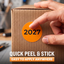 Load image into Gallery viewer, Bulk Case of 50 Rolls - 500pcs 2027 Year Stickers, 2 Inch Fluorescent Orange Color Coded Year, Labels, Warehouse Inventory Organization Stickers